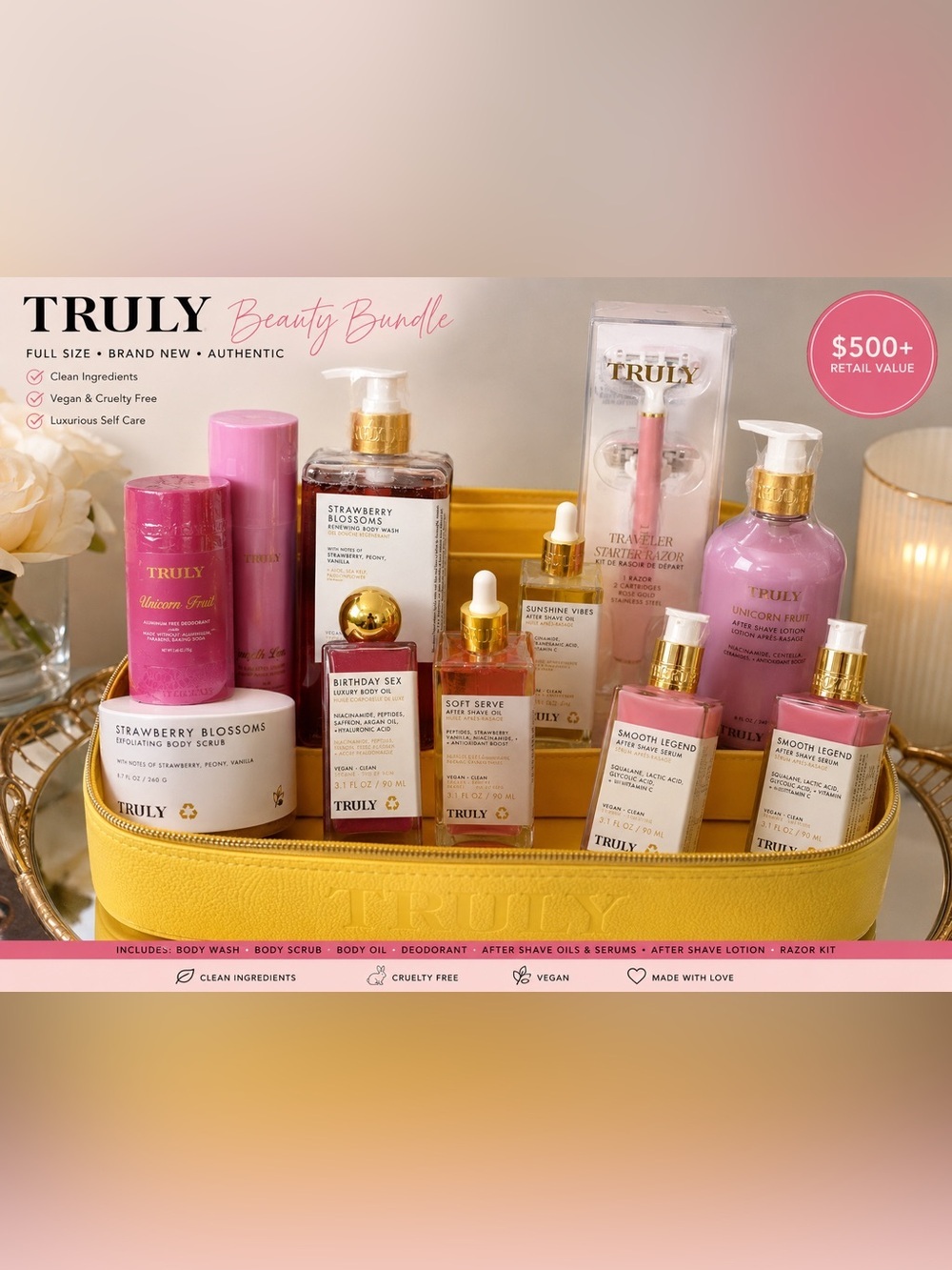 TRULY Skincare & Shave SET BUNDLE with HUGE LEATHER VANITY NWT